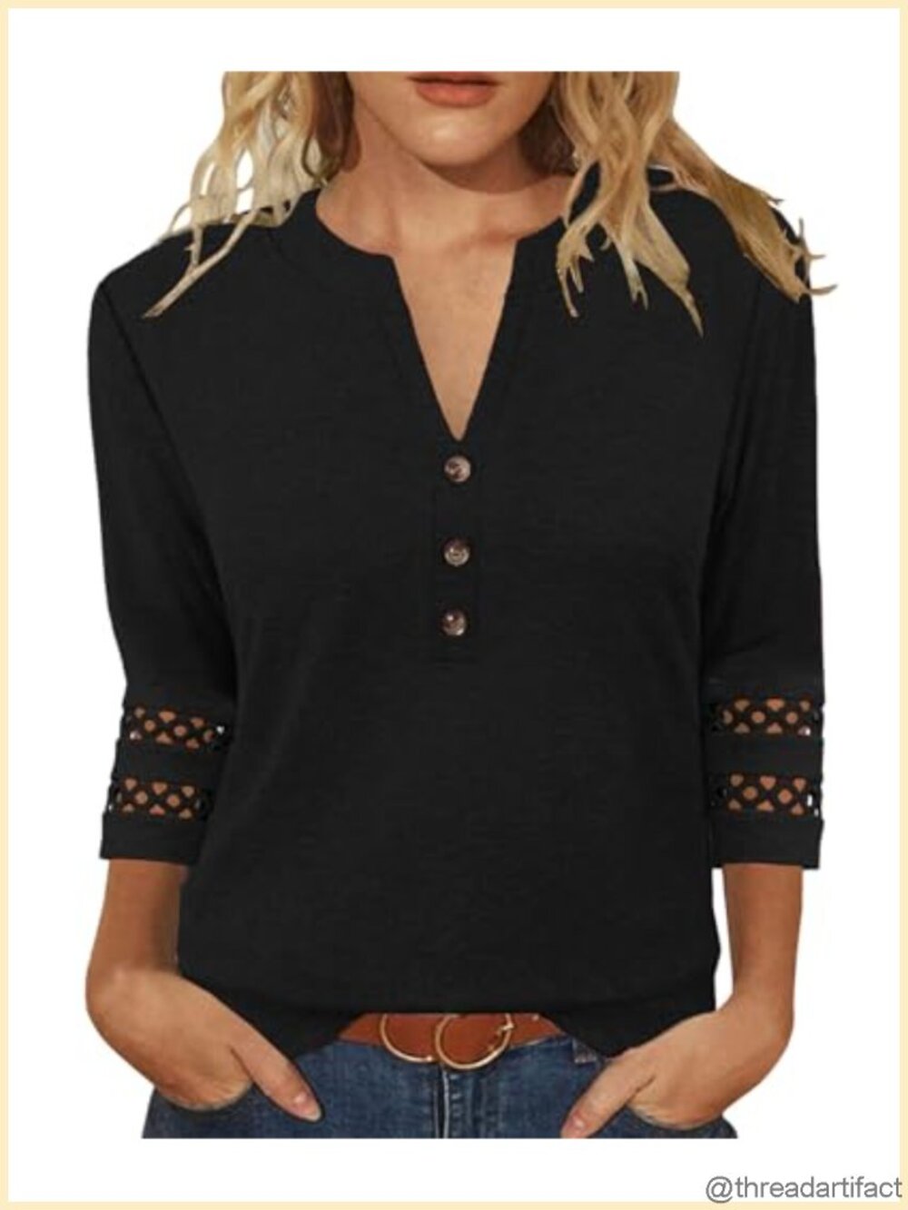 Womens V Neck 3/4 Sleeve Tunic Blouse Lace Detail Casual Top